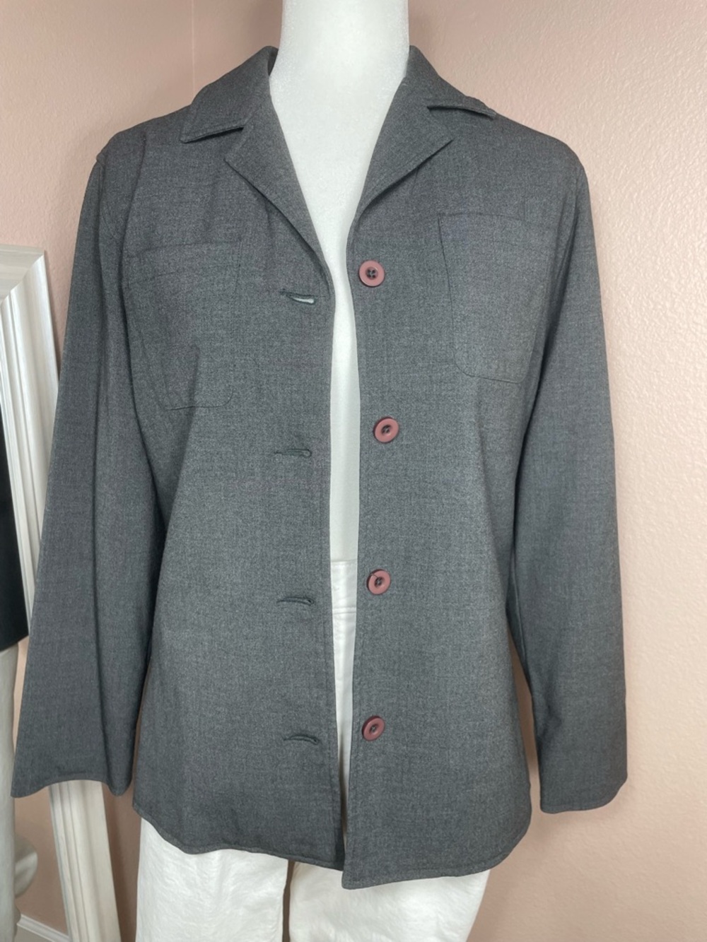 Liz Claiborne Gray Blazer Jacket Pink Buttons Career Office Chic